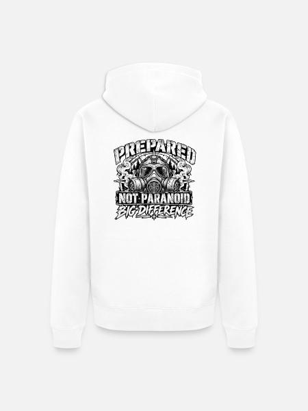 Vorbereitet, nicht paranoide Gasmaske-Überlebensfähigkeit - Unisex Premium Bio Zip Hoodie - Weiß