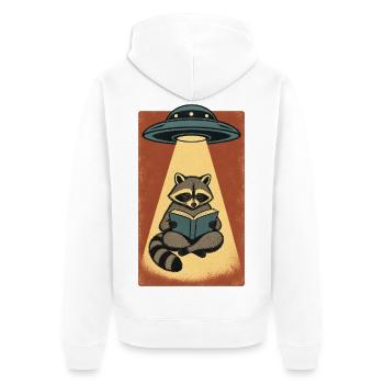 Lesender Waschbär im UFO Strahl - Unisex Premium Bio Zip Hoodie - Weiß - Hinten - Thijin (182cm)