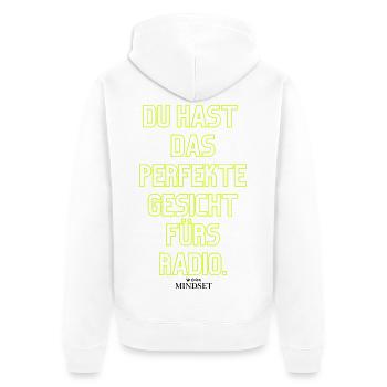 Neon Typo: Du hast das perfekte Gesicht - Unisex Premium Bio Zip Hoodie - Weiß - Hinten - Thijin (182cm)