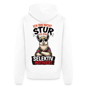 Selektiv Motiviert Lama Shirt - Unisex Premium Bio Zip Hoodie - Weiß - Hinten - Thijin (182cm)