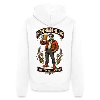 Hopfenabteilung Aussendienst Shirt - Unisex Premium Bio Zip Hoodie - Weiß - Hinten - Thijin (182cm)