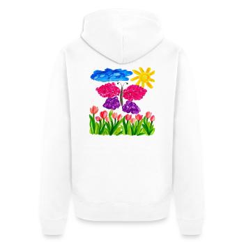 Farbenfroher Schmetterlingsgarten – Sonnenschein & Tulpen - Unisex Premium Bio Zip Hoodie - Weiß - Hinten - Thijin (182cm)