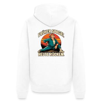 Früher Spagat - Heute Rücken - Unisex Premium Bio Zip Hoodie - Weiß - Hinten - Thijin (182cm)
