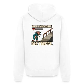 Mein Endgegner: Die Treppe - Unisex Premium Bio Zip Hoodie - Weiß - Hinten - Thijin (182cm)