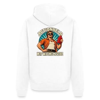 Actionheld mit Wärmflasche - Unisex Premium Bio Zip Hoodie - Weiß - Hinten - Thijin (182cm)