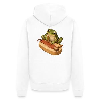 Frosch prägt ein Leder-Lesezeichen - Unisex Premium Bio Zip Hoodie - Weiß - Hinten - Thijin (182cm)