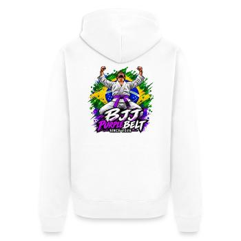 BJJ Lila Gürtel seit 2026 - Unisex Premium Bio Zip Hoodie - Weiß - Hinten - Thijin (182cm)