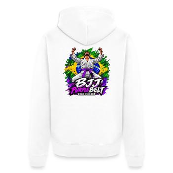 BJJ Lila Gürtel seit Ewigkeiten - Unisex Premium Bio Zip Hoodie - Weiß - Hinten - Thijin (182cm)
