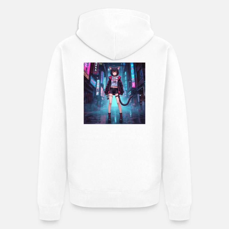 Chat néon dans le quartier cyber - Veste à capuche bio Premium Unisexe - blanc