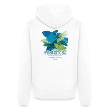 Frei Atmen – Farbexplosion mit Spruch - Unisex Premium Bio Zip Hoodie - Weiß - Hinten - Thijin (182cm)