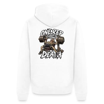 Eine Wiederholung näher am Tod - Unisex Premium Bio Zip Hoodie - Weiß - Hinten - Thijin (182cm)