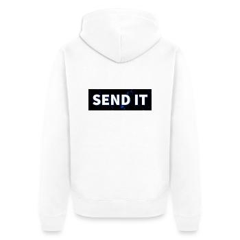SEND IT Boxlogo - Unisex Premium Bio Zip Hoodie - Weiß - Hinten - Thijin (182cm)