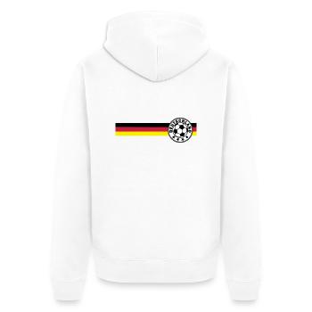 Logo auf Deutschandfahne Schwarz Rot Gold - Unisex Premium Bio Zip Hoodie - Weiß - Hinten - Thijin (182cm)