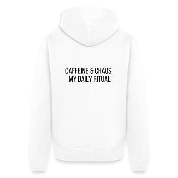 🔥 Caffeine & Chaos – My Daily Ritual - Unisex Premium Bio Zip Hoodie - Weiß - Hinten - Thijin (182cm)