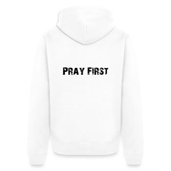 Pray First - Unisex Premium Bio Zip Hoodie - Weiß - Hinten - Thijin (182cm)