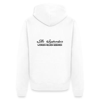 September Helden - Unisex Premium Bio Zip Hoodie - Weiß - Hinten - Thijin (182cm)