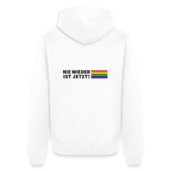 Nie wieder ist jetzt! Schriftzug Pride Flagge - Unisex Premium Bio Zip Hoodie - Weiß - Hinten - Thijin (182cm)