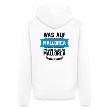was auf mallorca passiert, bleibt auf mallorca - Unisex Premium Bio Zip Hoodie - Weiß - Hinten - Thijin (182cm)