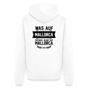 Was auf Mallorca passiert, bleibt auf Mallorca - Unisex Premium Bio Zip Hoodie - Weiß - Hinten - Thijin (182cm)