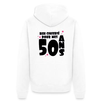 bien_conserve_pour_mes_50_ans - Veste à capuche bio Premium Unisexe - blanc - Dos - Thijin (182cm)