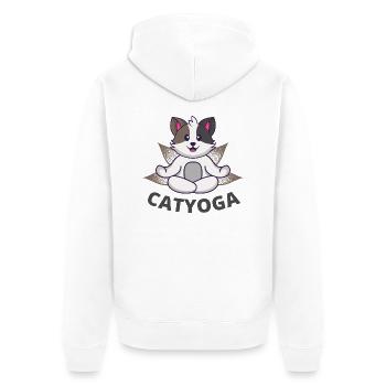 CATYOGA - Internationaler Tag des Yoga 2022 - Unisex Premium Bio Zip Hoodie - Weiß - Hinten - Thijin (182cm)