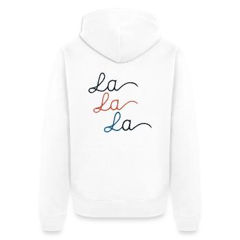 LA LA LA bestickt - Unisex Premium Bio Zip Hoodie - Weiß - Hinten - Thijin (182cm)