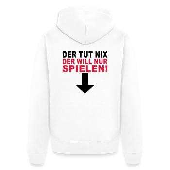 der tut nix der will nur spielen - Unisex Premium Bio Zip Hoodie - Weiß - Hinten - Thijin (182cm)