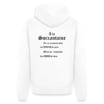 soixantaine 60 ans - Veste à capuche bio Premium Unisexe - blanc - Dos - Thijin (182cm)