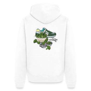Sneaker (grün) // Illustration - Unisex Premium Bio Zip Hoodie - Weiß - Hinten - Thijin (182cm)