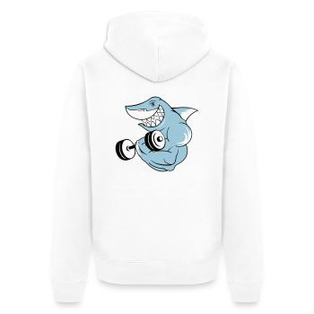shark_bodybuilder - Unisex Premium Bio Zip Hoodie - Weiß - Hinten - Thijin (182cm)