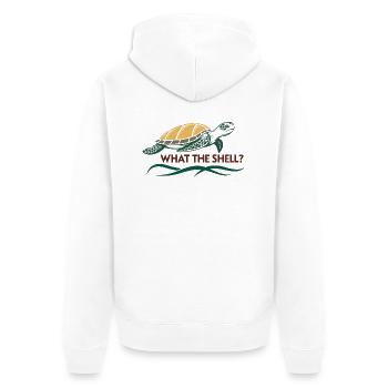 Was zum Teufel? - Unisex Premium Bio Zip Hoodie - Weiß - Hinten - Thijin (182cm)