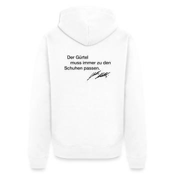Lothar Matthäus Frauen T-Shirt "Der Gürtel" - Unisex Premium Bio Zip Hoodie - Weiß - Hinten - Thijin (182cm)
