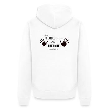 Als Fremde gekommen, als Freunde gegangen - Unisex Premium Bio Zip Hoodie - Weiß - Hinten - Thijin (182cm)