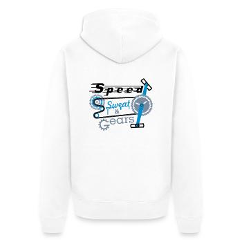 speed sweat n gears - 3 farb Vektor - Unisex Premium Bio Zip Hoodie - Weiß - Hinten - Thijin (182cm)