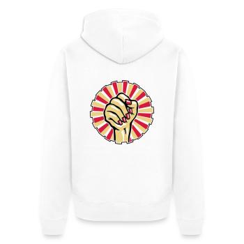 Geballte Faust einer Frau mit rot lackierten - Unisex Premium Bio Zip Hoodie - Weiß - Hinten - Thijin (182cm)