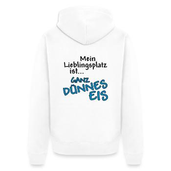 Mein Lieblingsplatz ist ... Ganz dünnes Eis - Unisex Premium Bio Zip Hoodie - Weiß - Hinten - Thijin (182cm)