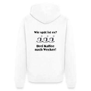 Wie spät ist es? Drei Kaffee nach Wecker - Unisex Premium Bio Zip Hoodie - Weiß - Hinten - Thijin (182cm)