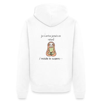 je n’arrive jamais en retard j’installe le suspens - Veste à capuche bio Premium Unisexe - blanc - Dos - Thijin (182cm)