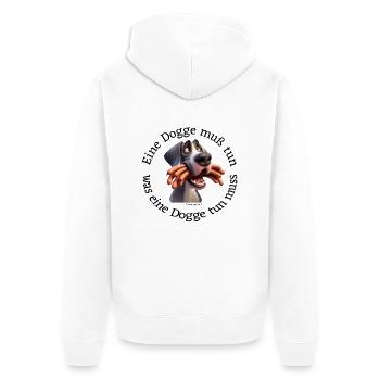 NimmersattDogge - Unisex Premium Bio Zip Hoodie - Weiß - Hinten - Thijin (182cm)