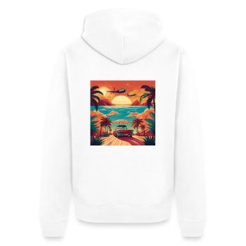 Vintage Beach Sunset with Red Car and Planes - Unisex Premium Organic Zip Hoodie - white - Back - Thijin (182cm)