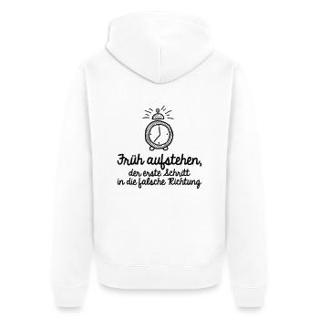 früh aufstehen falsche Richtung Morgenmuffel müde - Unisex Premium Bio Zip Hoodie - Weiß - Hinten - Thijin (182cm)
