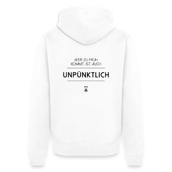 Wer zu früh kommt ist auch unpünktlich - Unisex Premium Bio Zip Hoodie - Weiß - Hinten - Thijin (182cm)