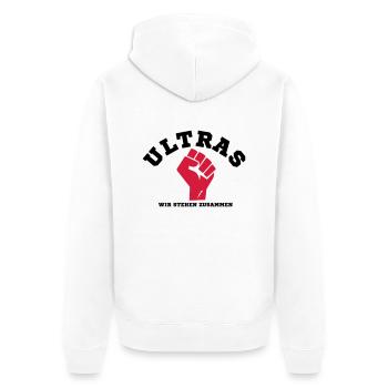 ULTRAS | Zusammen stehen - Unisex Premium Bio Zip Hoodie - Weiß - Hinten - Thijin (182cm)