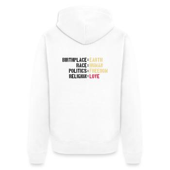 birthplace earth love human freedom peace - Unisex Premium Bio Zip Hoodie - Weiß - Hinten - Thijin (182cm)