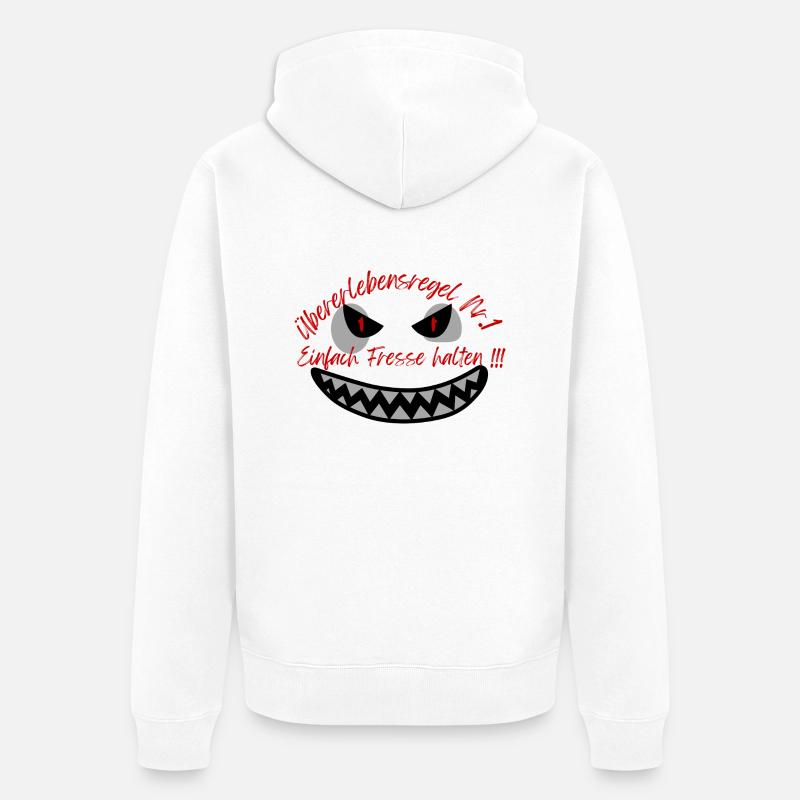 "Überlebensregel Nr 1" Design Subtil - Unisex Premium Bio Zip Hoodie - Weiß