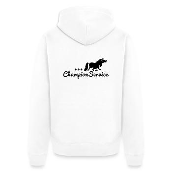Champion Service - Turniertrottel - Unisex Premium Bio Zip Hoodie - Weiß - Hinten - Thijin (182cm)