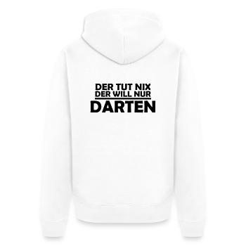 der tut nix der will nur darten - Unisex Premium Bio Zip Hoodie - Weiß - Hinten - Thijin (182cm)