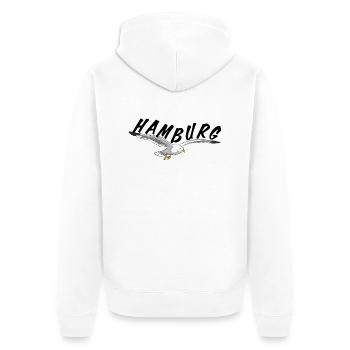 Hamburg über Möwe - schwarz - Unisex Premium Bio Zip Hoodie - Weiß - Hinten - Thijin (182cm)