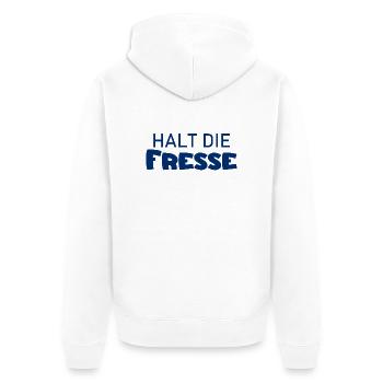 Halt die Fresse - Cooler Spruch - Schweigen - Unisex Premium Bio Zip Hoodie - Weiß - Hinten - Thijin (182cm)