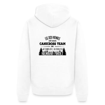 Leg dich niemals mit einem Canicross Team an - Unisex Premium Bio Zip Hoodie - Weiß - Hinten - Thijin (182cm)
